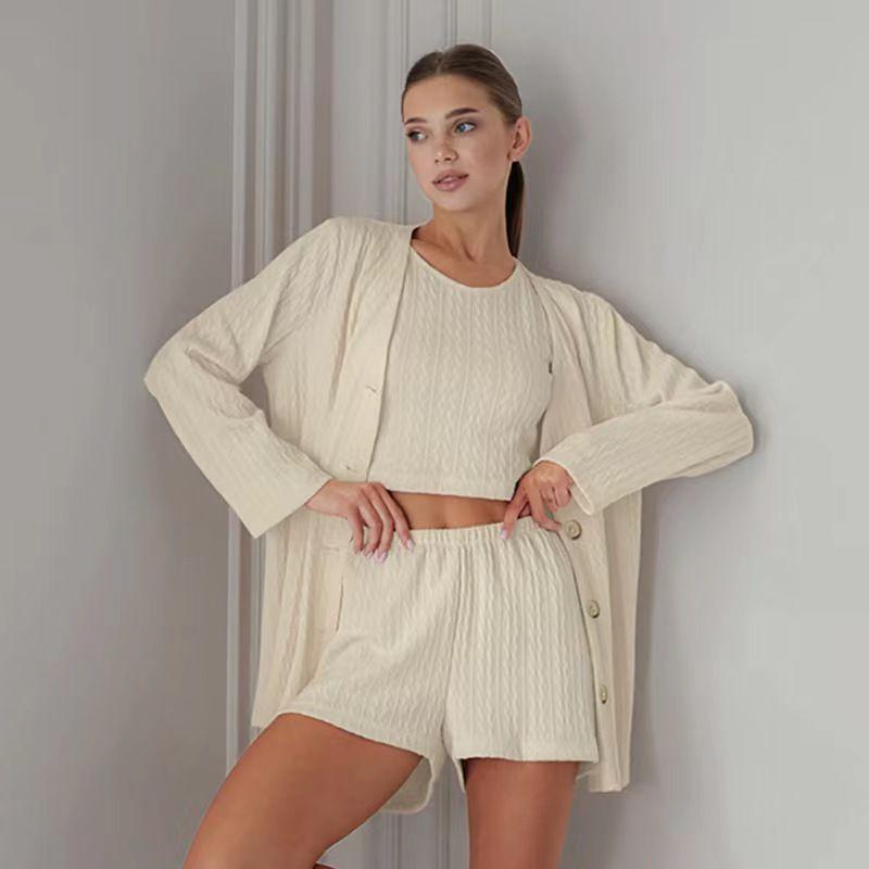 Fashion Pure Color Vest Long Sleeves Tops Shorts Three-Piece Homewear Fashion Three Piece Set