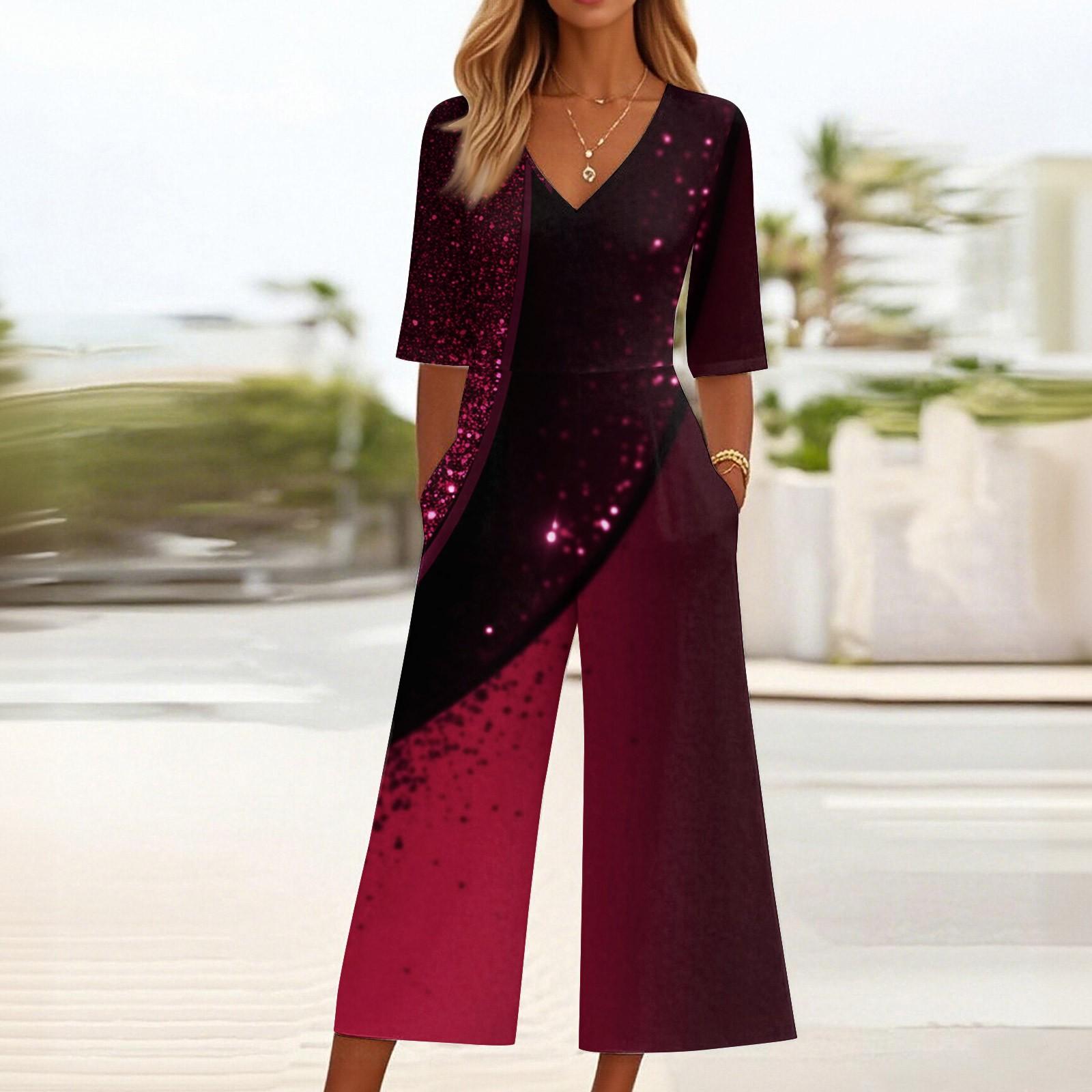 

Женский свободный повседневный комбинезон с V-образным вырезом и принтом, облегающий комбинезон с широкими штанинами, комбинезон с широкими штанинами XL винный