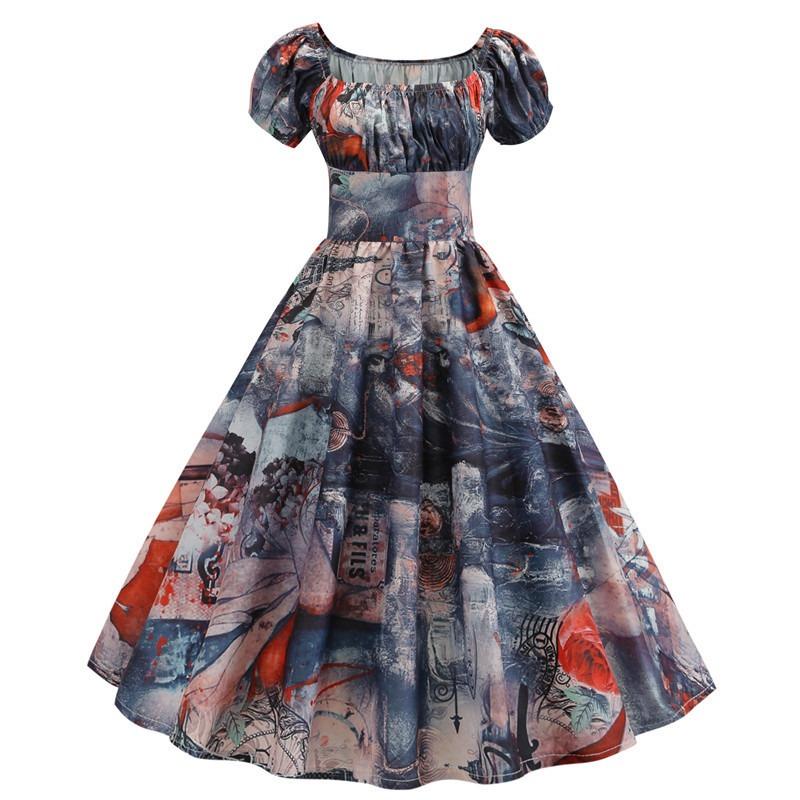 Heißer Verkauf Damen Quadratischer Ausschnitt Blasenkurzarm Gummiband Falten Slim Fit Bedrucktes Pendelkleid