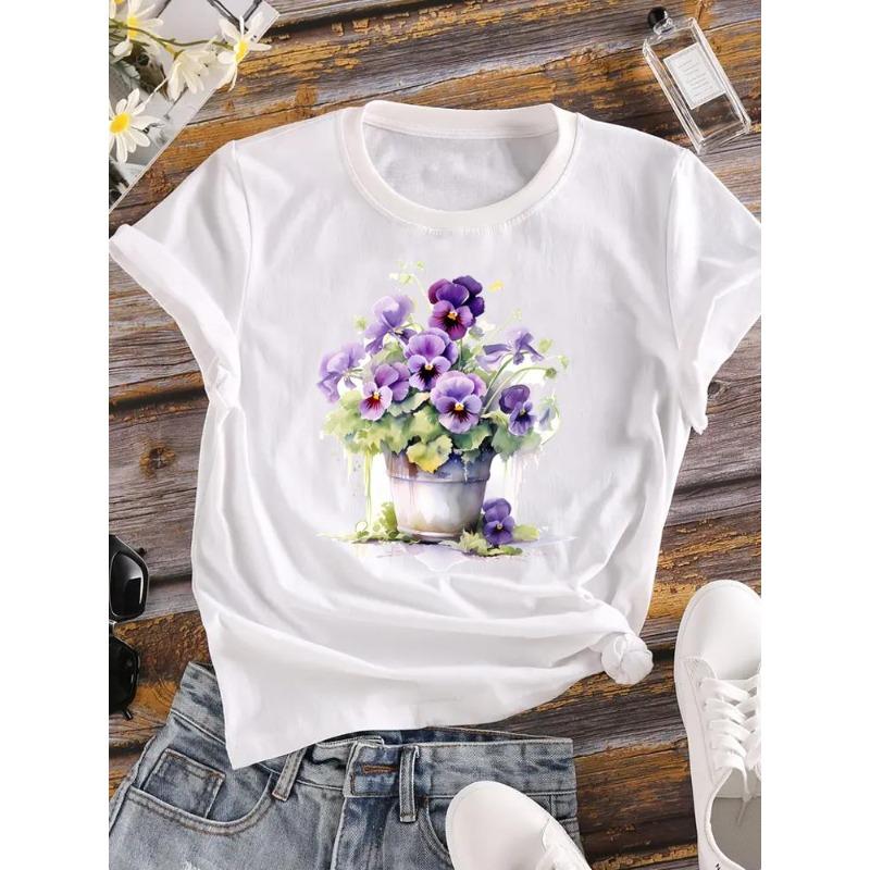 (European Size) 90s Women Flower Watercolor Trend Cute Short Sleeve Fashion Tee Top Clothing Print Lady Casual T-shirt Female Graphic T-shirts