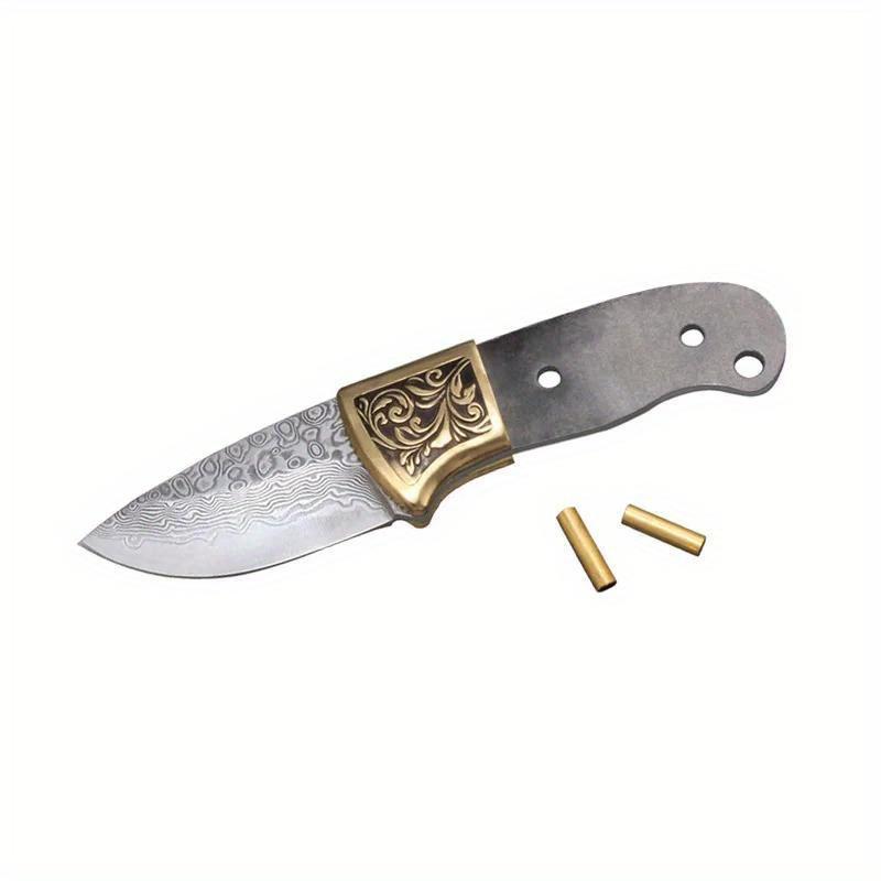 DIY Semi-finished VG10 Damascus Steel Fixed Blade Knife Billets - Edged Blade with Copper Umbrella Hole