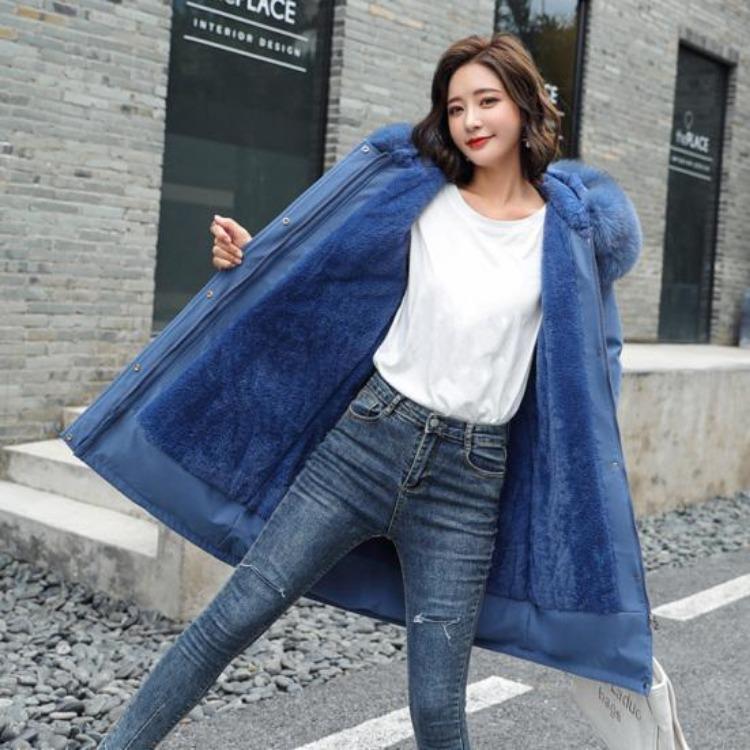 Winter Plus Size Jacket Women Long Sleeve Knee Length Thick Plush Furry Hood Pockets Zipper Button Closure