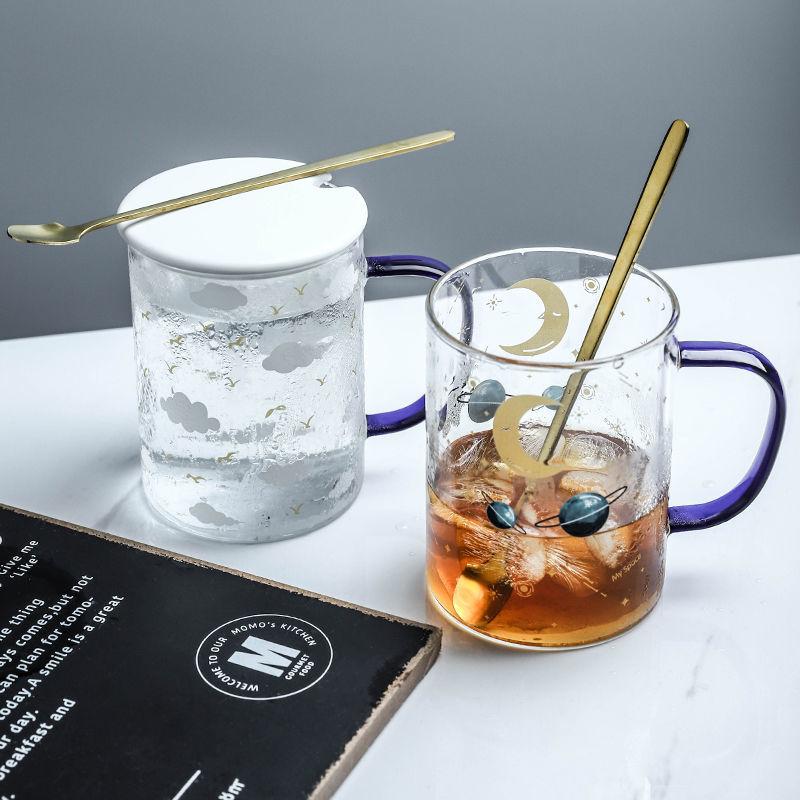 450ML Colour Glass mug Water cup Printing Starry Sky Coffee Mug with spoon lid Breakfast Milk Cup Children's Gift