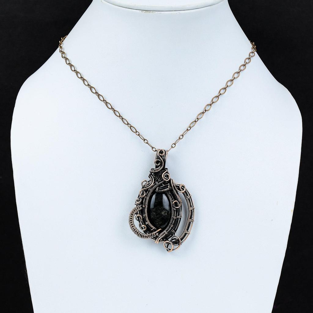 Silver Sheen Obsidian Pendant Copper Wire Wrapped Pendant Original Gemstone Pendant Copper Jewelry Stylish Pendant Handmade Jewelry For Gift