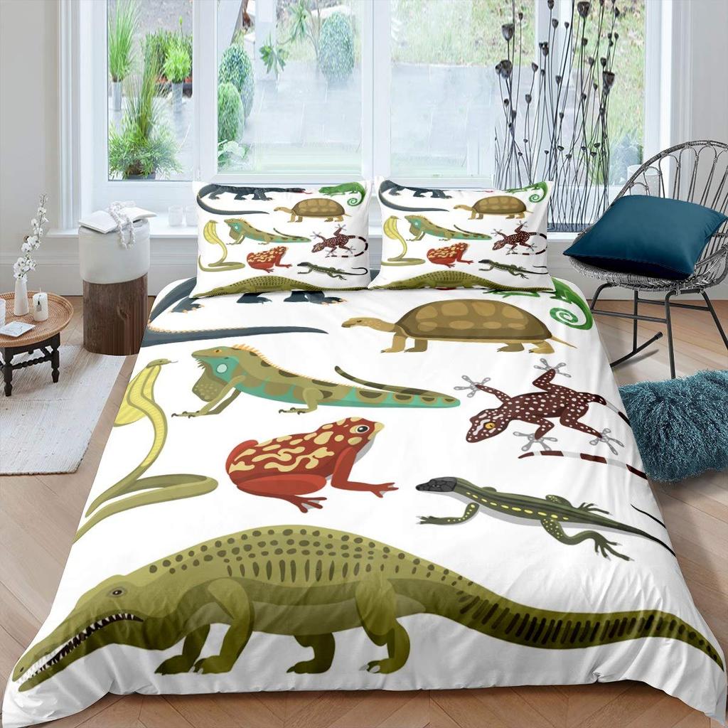 Lizard Duvet Cover Set Reptile Bedding Sets King Size for Boys Girls Toad Tropical Animal Purple Floral Exotic Comforter Cover