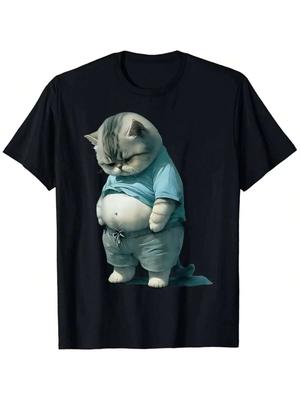 Cute Funny Fat Cat Graphic Cotton T-Shirts Men Unisex O-Neck Short Sleeve Tshirts Hip Hop Oversized Harajuku Tops Clothing Tees
