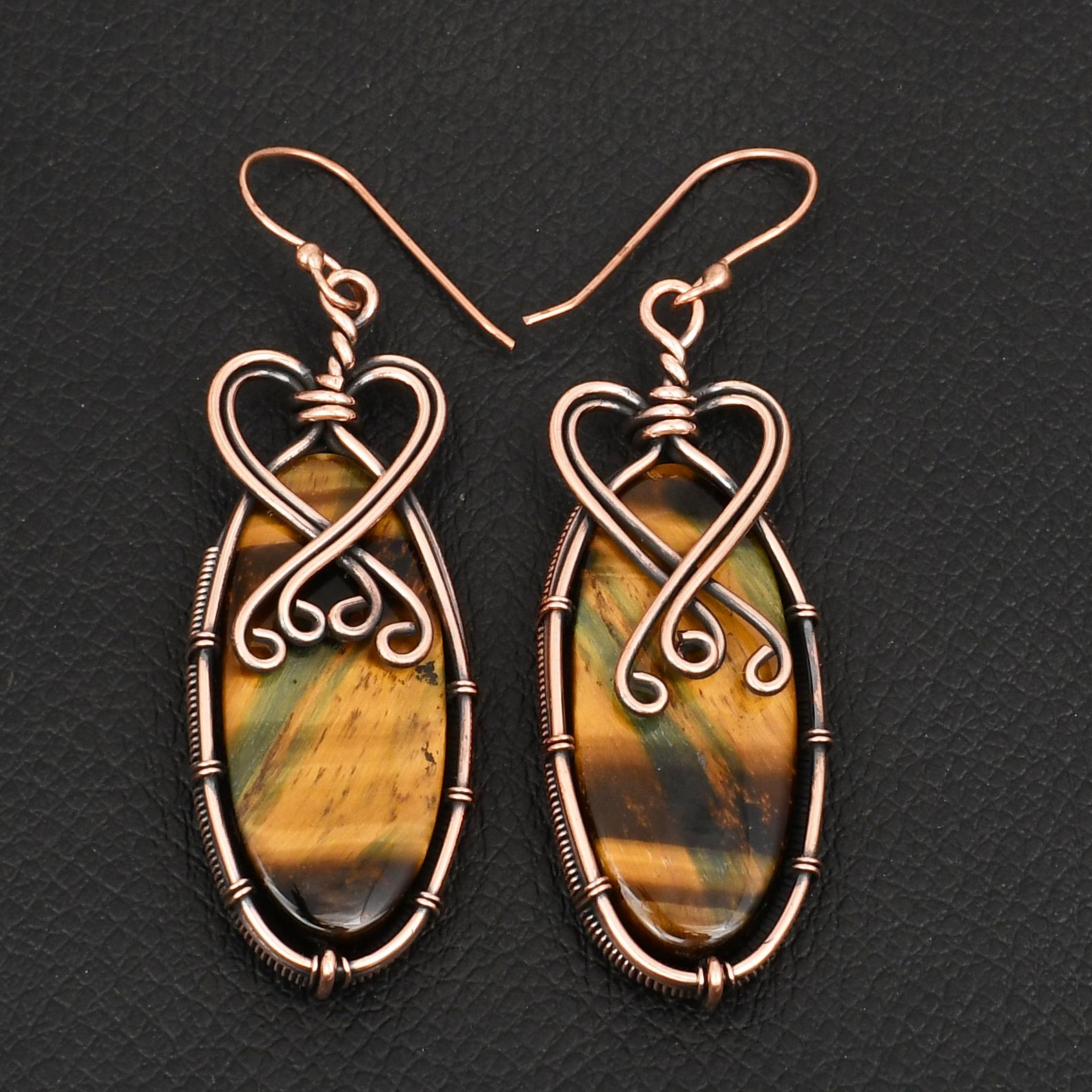 Handmade Wire Wrapped Copper Earrings with Tiger Eye Gemstone Vintage Boho Style Dangle Earrings for Women
