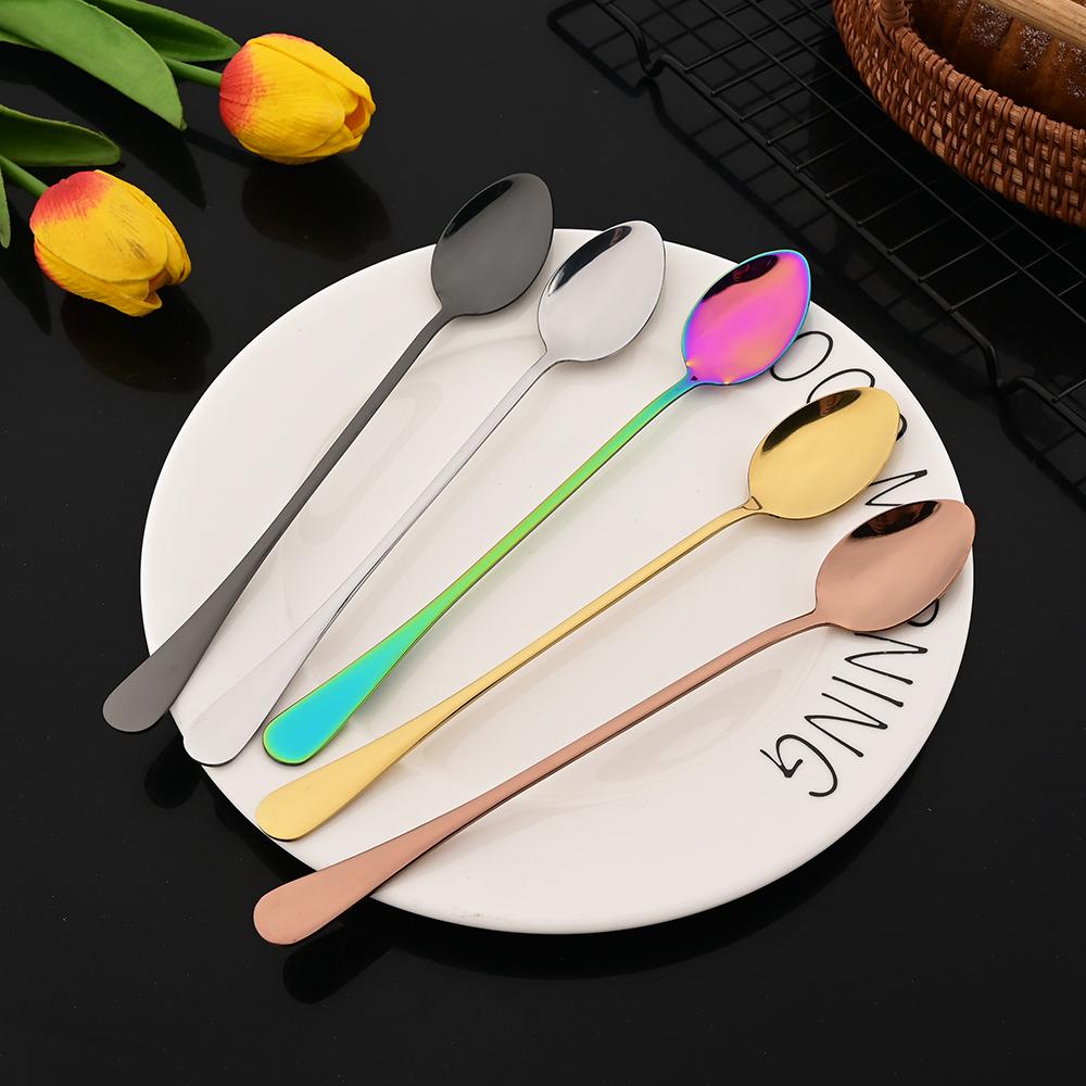 4Pcs Stainless Steel Long Handled Spoon Set Shiny Stirring Coffee Dessert Spoon Suitable for Milk Tea Juice Milkshakes Ice Cream