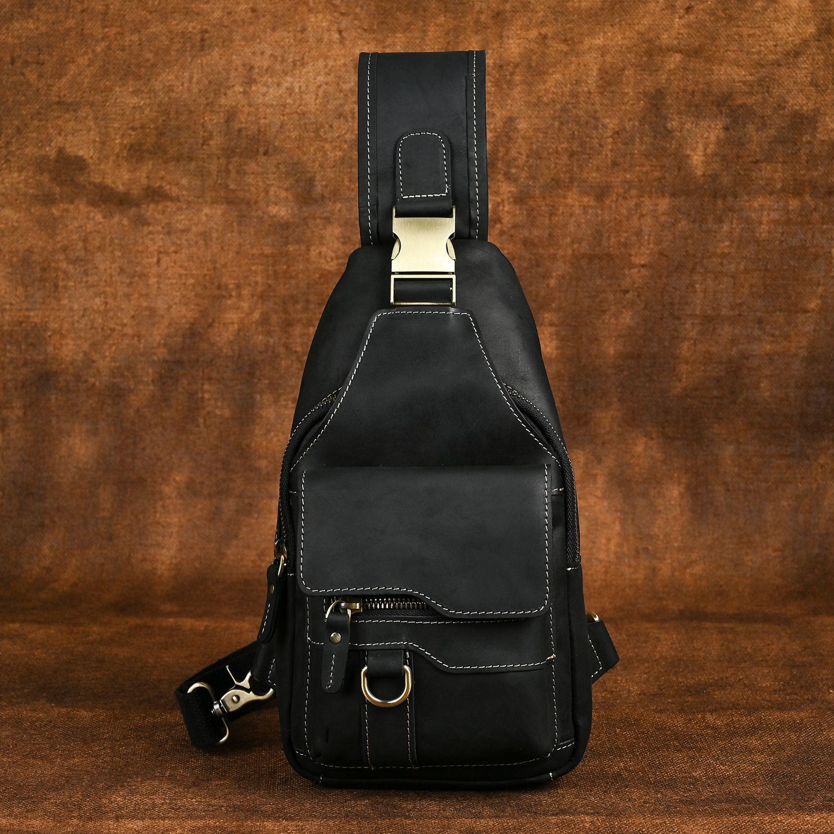 

Men 8 Inch Chest Bags Vintage Crazy Horse Leather Shoulder Bags Large Capacity Multi-pocket Phone Handbag 30-6-15CM
