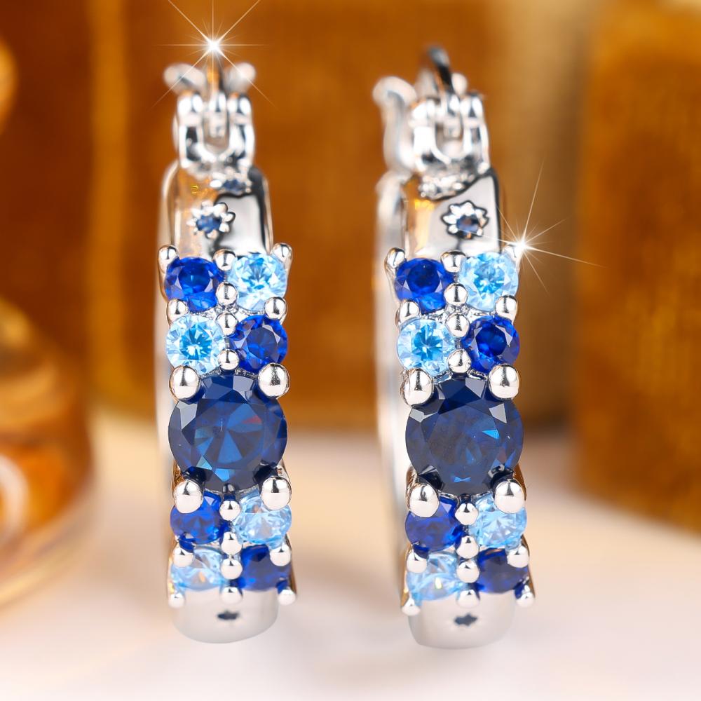 Elegant Silver Color Blue Cluster Zircon Huggie Earrings for Women Daily Wear and Party
