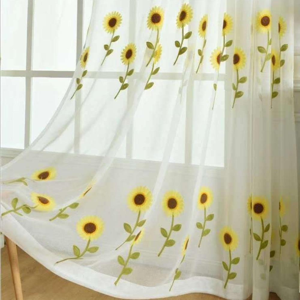 Elegant Sheer Curtains Gauze Transparent Curtain Sunflower Tulle Curtain  Home Decoration