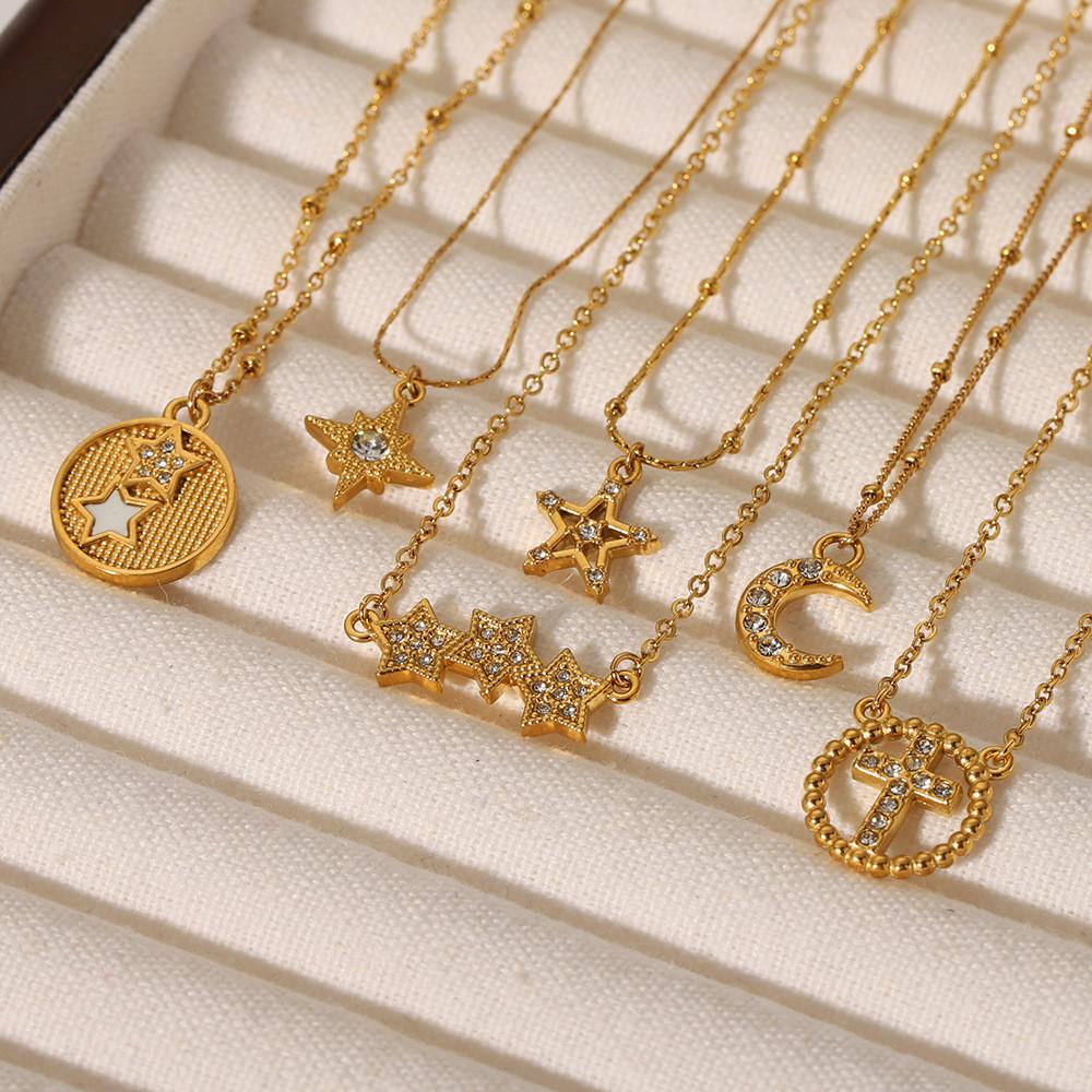 Titanium Steel Star And Moon Pendant Necklace With Stones For Womens Fashion Jewelry