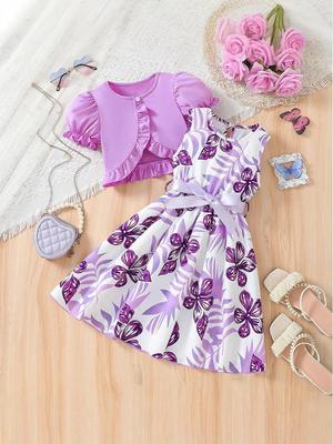 Ensemble Cardigan Violet et Robe Fleurie pour Filles avec Ceinture à Nœud à la Taille