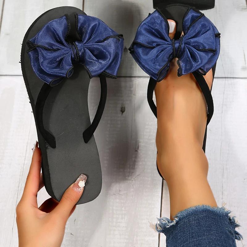 Fashion Stylish Butterfly-Knot Decro Flip Flops Women New Patchwork Med Heels Slippers Woman Vacation Beach Soft Bottom Sandals Mujer