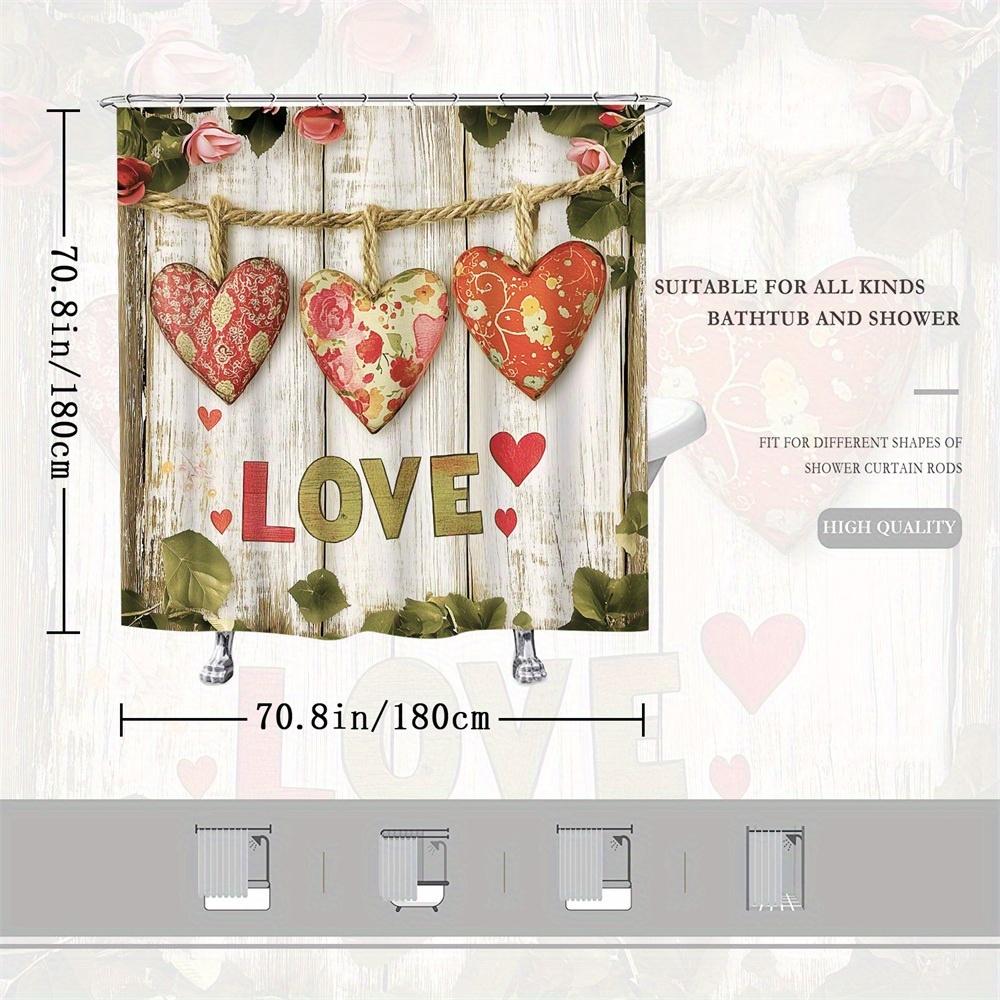 1pc Rustic Woodland Heart Shower Curtain - Vintage Polyester, Red & Green Letters, Ivy Roses,  12 Hooks, Washable, All-Season