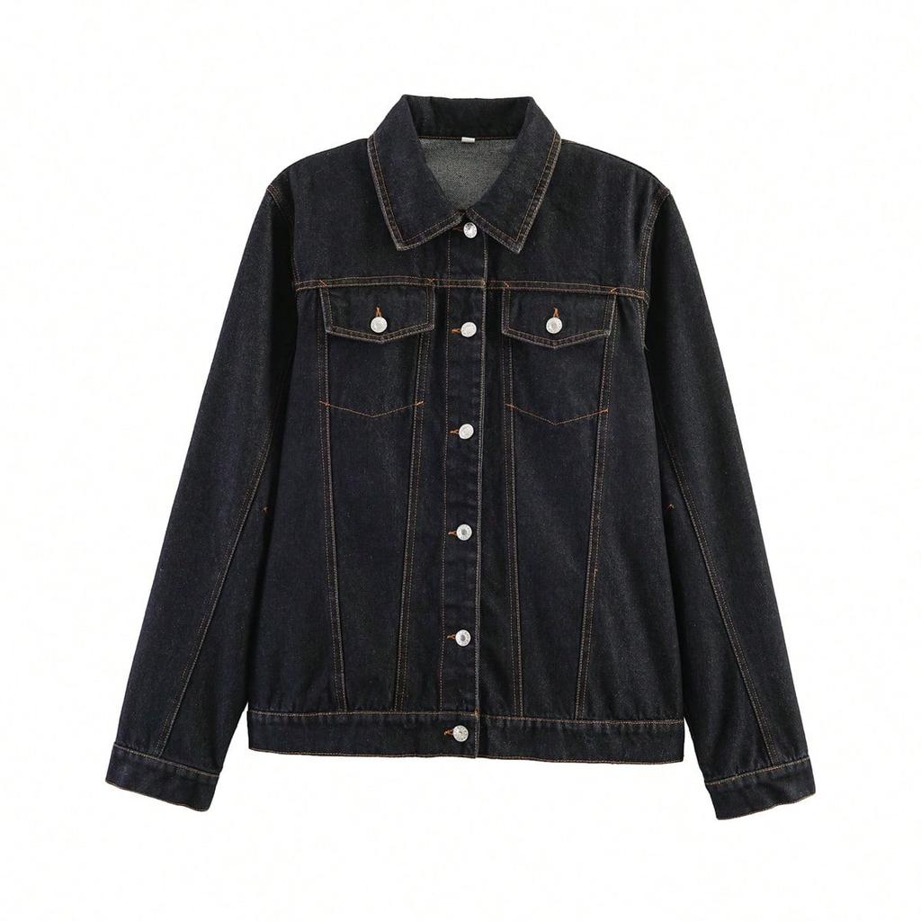 Women's Button Lapel Denim Jacket, Spring Autumn Loose Long Sleeve Casual Jean Outerwear Coat for Daily Street Wear