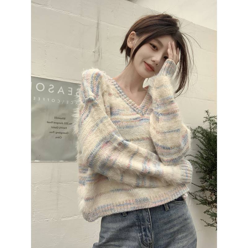 

Короткий женский вязаный свитер с V-образным вырезом и контрастными цветами, модный женский топ, корейский свободный повседневный пуловер One Size