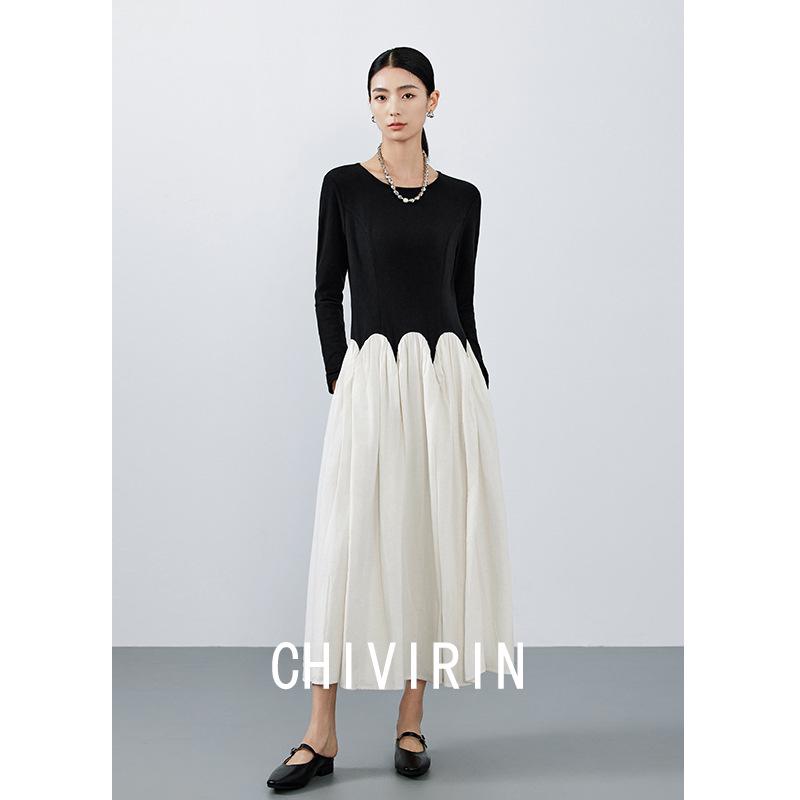 

Women s Black & White Patchwork A-Line Dress, Long Sleeve, Round Neck - Autumn/Winter 2025 High-End Slimming Style XL