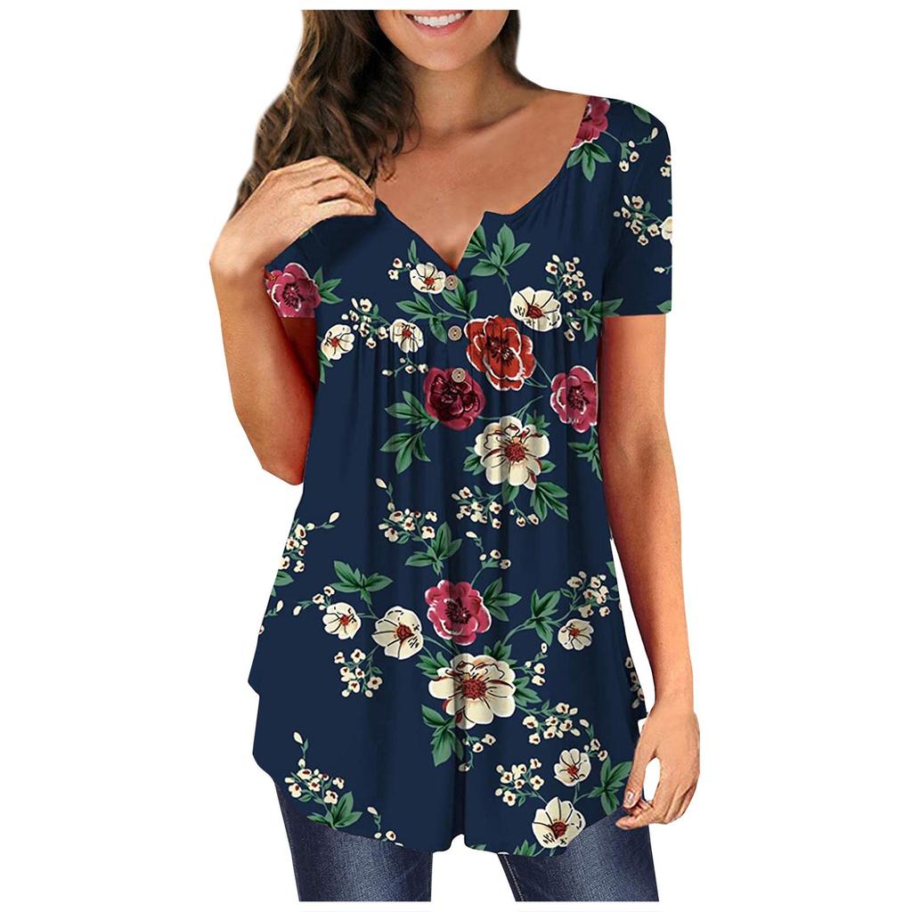 Fashionable Women Slim Tops Casual V-neck T-shirt Button Pullover Short Sleeve