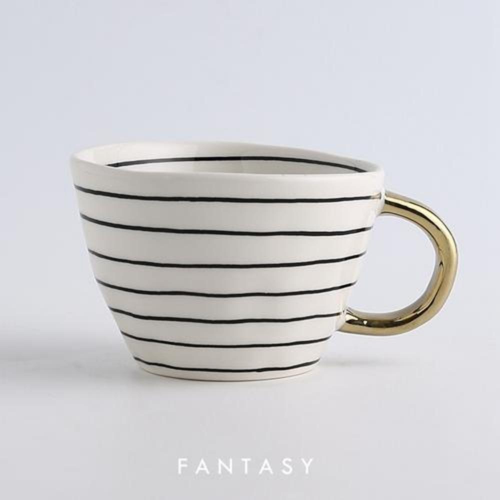 American Irregular Geometric Ceramic Coffee Cup with Gold Plated Handle Black and White Pattern Milk Tea Cup Home Accessories