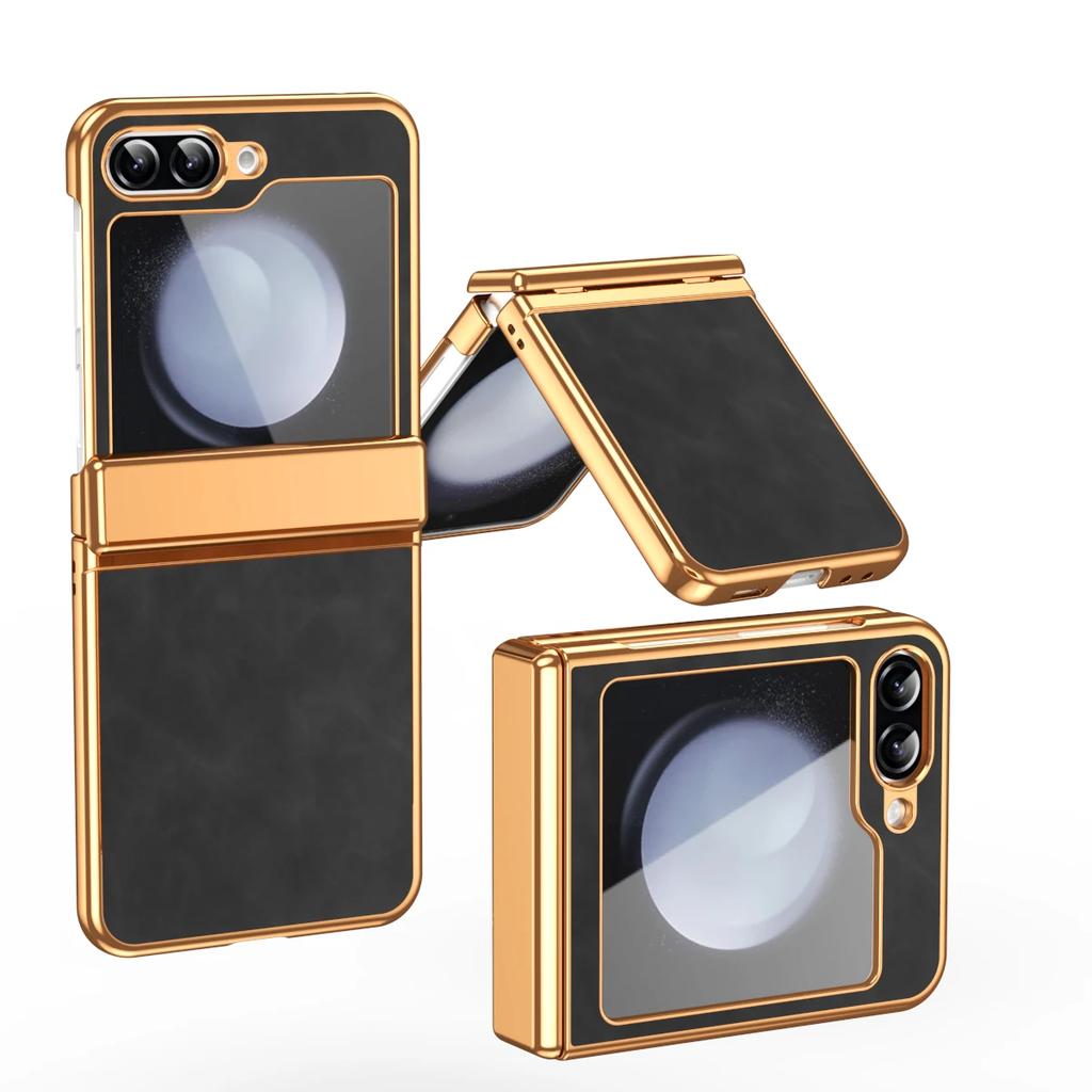 PU Leather Phone Case for Samsung Z Flip 7 fe 6 5 4 3 Flip6 Flip5 Flip4 Flip3 Hinge Protective Gold Frame Cover