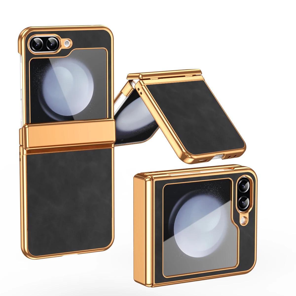 

PU Leather Phone Case for Samsung Z Flip 7 fe 6 5 4 3 Flip6 Flip5 Flip4 Flip3 Hinge Protective Gold Frame Cover Galaxy Z Flip6 чорний