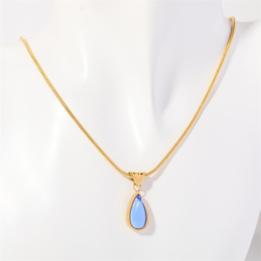 Twelve Birthday Stone Simple and Elegant Water Drop Necklace with Blue Green Ocean Pendant, Collar Chain, Titanium Steel