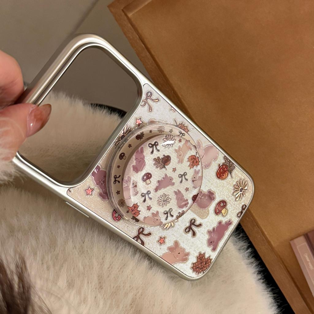 Silver-edged gilded bunny iPhone 17 Pro Max phone case with magnetic stand for iPhone 16, compatible with Huawei P70