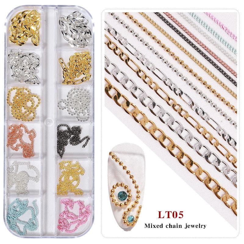 Nail Art Jewelry, Small Chain 12 Boxed Gold And Silver Diy Decorative Nail Sticker Metal Chain