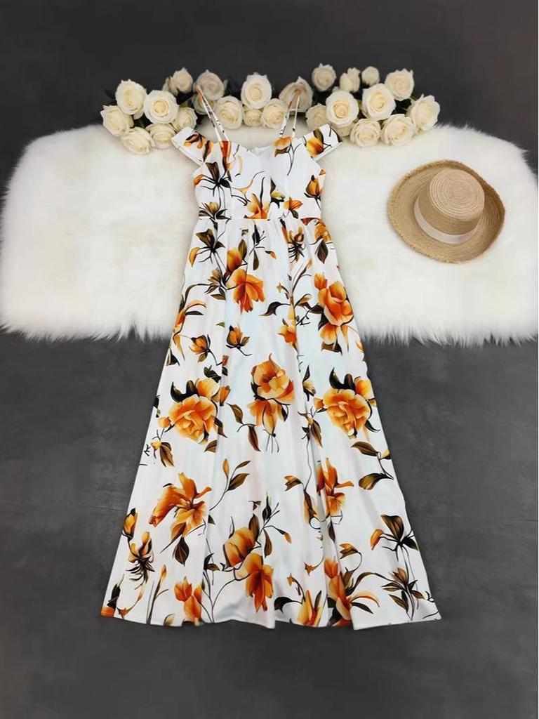 Elegantes florales lässiges langes Kleid mit V-Ausschnitt für Damen