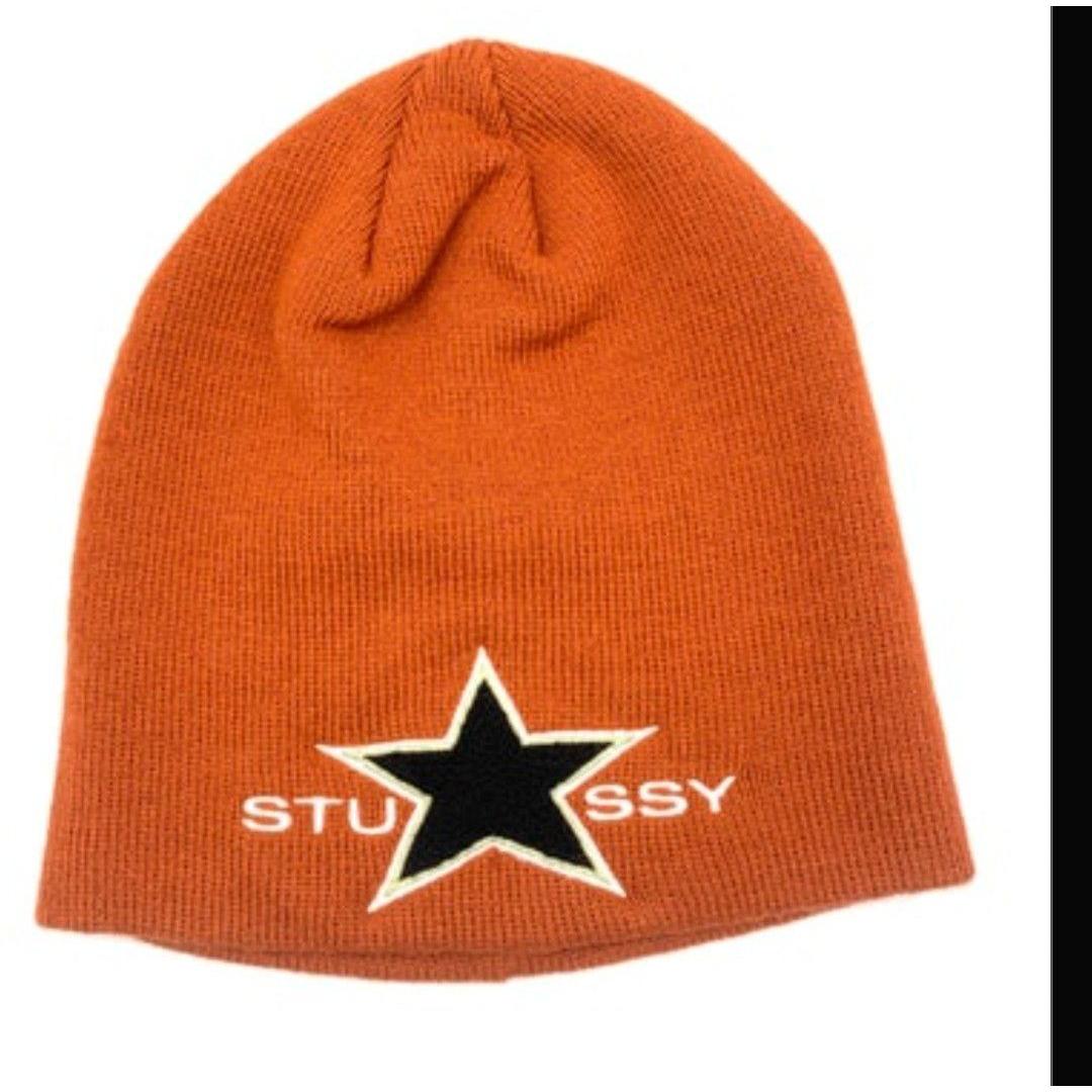 Used stussy beanie knit hat orange street skull cap