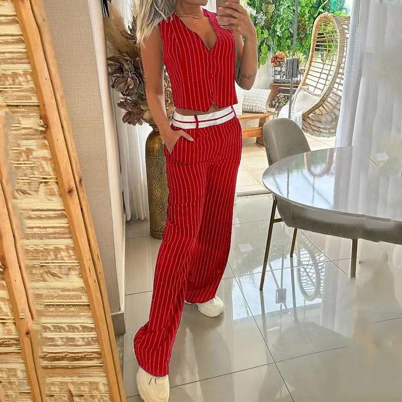 

Fashion Style Fashion V Neck Sleeveless Stripes Vest Pants Suit Striped Tank Top Pants Set Red XL