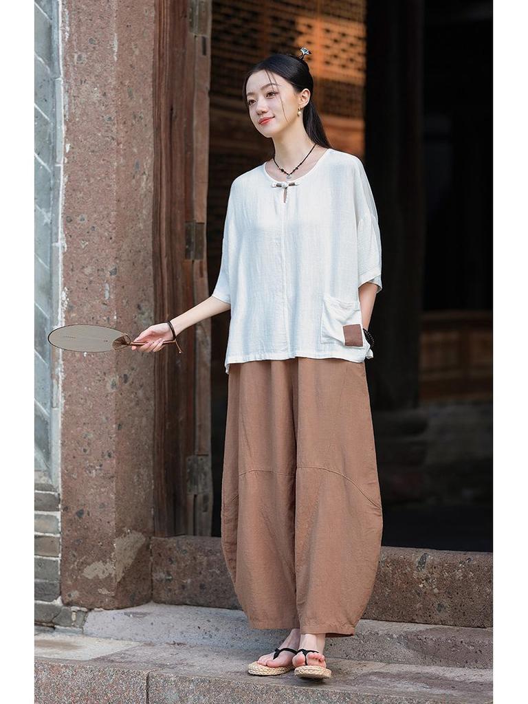 Damski Retro Okrągły Dekolt Guziki Żabki Bawełna Len Krótki Rękaw Top