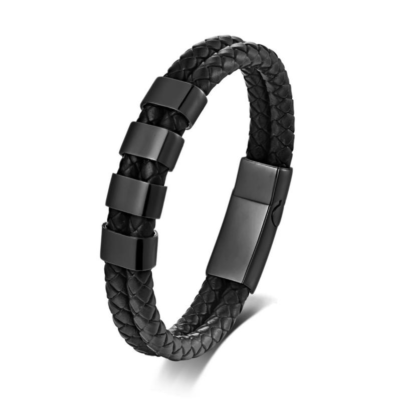 Stainless Steel Engraved Name Bracelet Men Minimalist Double Layer Leather Woven Black Adjustable