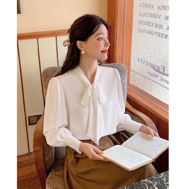 

Elegant Bow Tie Lace-Up Chiffon Shirt - Long Sleeve, Loose Fit, Pure Color L білий