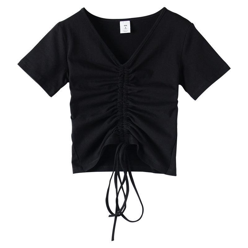 

Корейский стиль, приталенная, с высокой талией, белая хлопковая футболка с кулиской для женщин Large чёрный