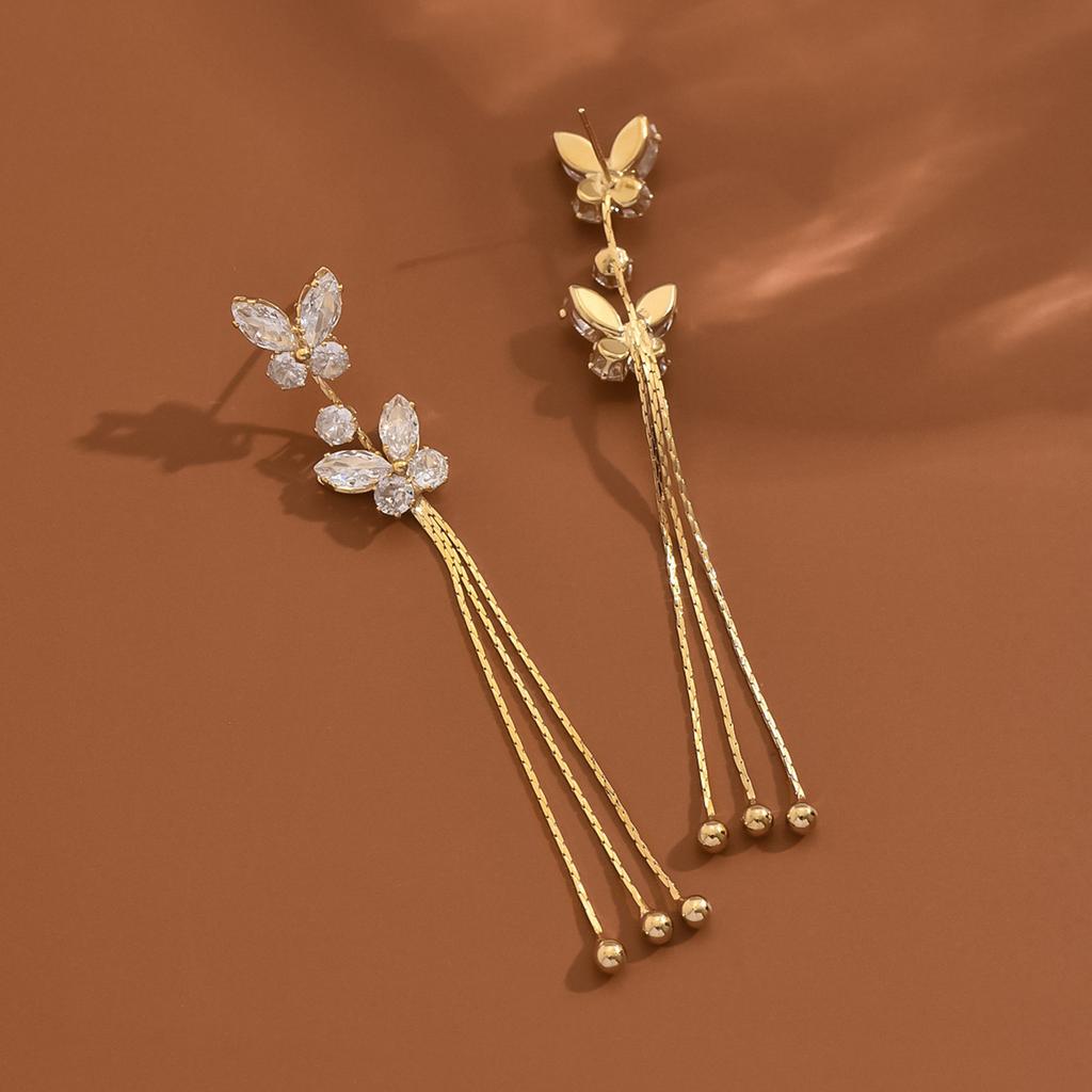 14K Real Gold Electroplating, French Light Luxury Zircon Butterfly Fringed Earrings, High-End Temperament, Daily Earrings For Women