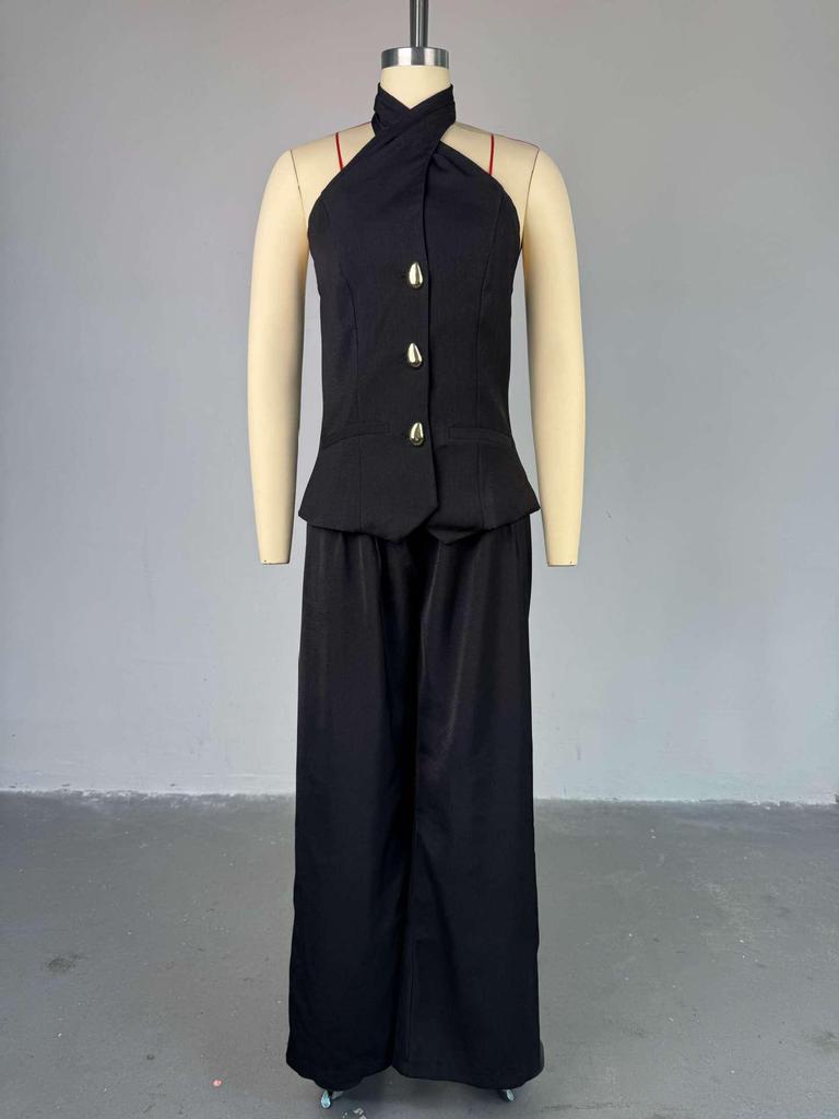 2025 Summer Women's Halter Top & High Waist Long Pants Set - European & American Style