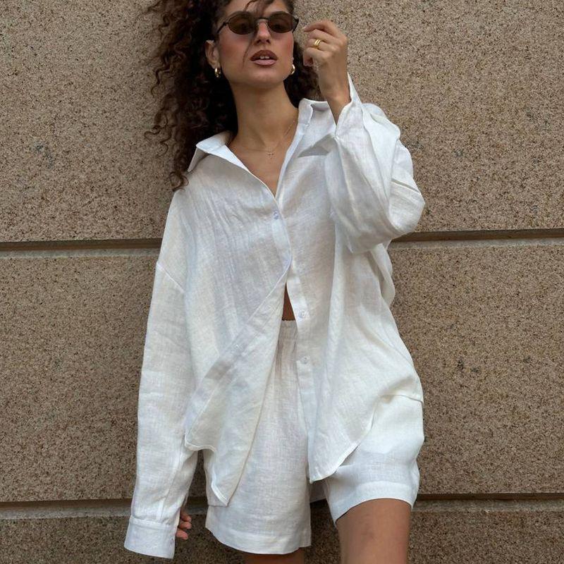 Casual Shorts Set2025 Spring/Summer Women Cardigan Long sleeve Simple Cotton European and American Leisure Shorts Set