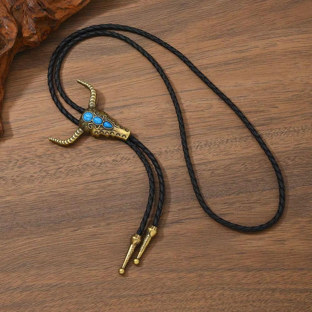 Turquoise Bolo Tie Necklaces Daily Outfits Vintage Sweater Chain Bull Head Necklaces Men Women