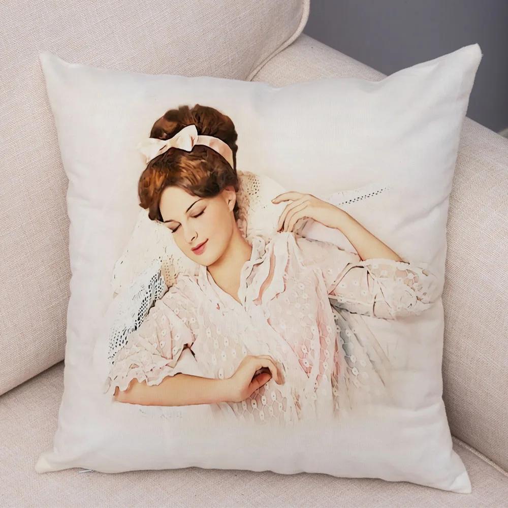 European Lady Cushion Cover Decor Vintage Style Elegant Women Print Pillowcase for Sofa Home Car Soft Plush Pillow Case 45x45cm