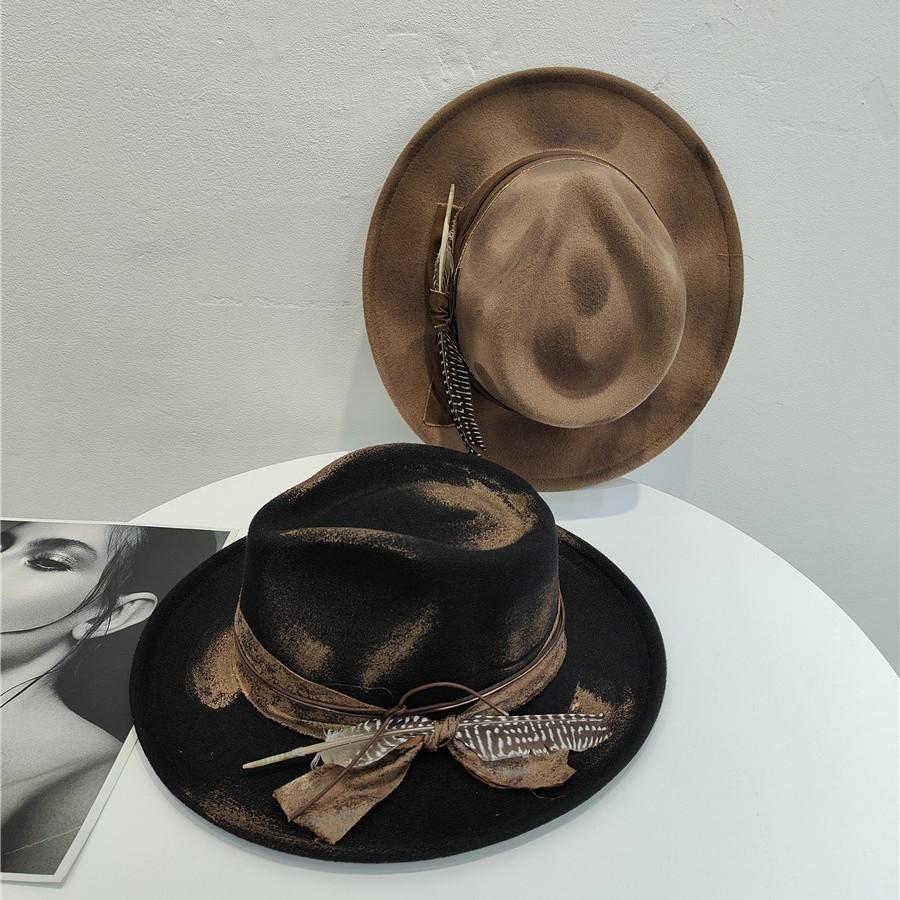 Design Spray Paint Fire Charred Wind Retro Old Woolen Jazz Hat Felt Top Hat Feather Decoration Flat Edge Hemming