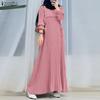 ZANZEA Women Muslim Casual Round Neck Loose Long Sleeve Pleated Long Dress
