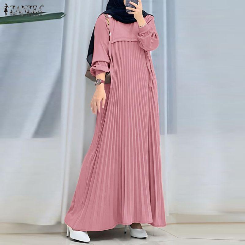 ZANZEA Women Muslim Casual Round Neck Loose Long Sleeve Pleated Long Dress