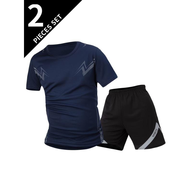 

2-piece summer sweat-absorbent quick-drying lightning print sports suit men s short-sleeved shorts outdoor fitness loose running clothes S