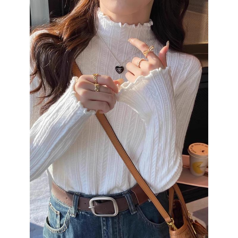 Spring Gentle Fungus Edge Semi-turtleneck Long-sleeved Sweater Femininity Slim and Thin Inner Top