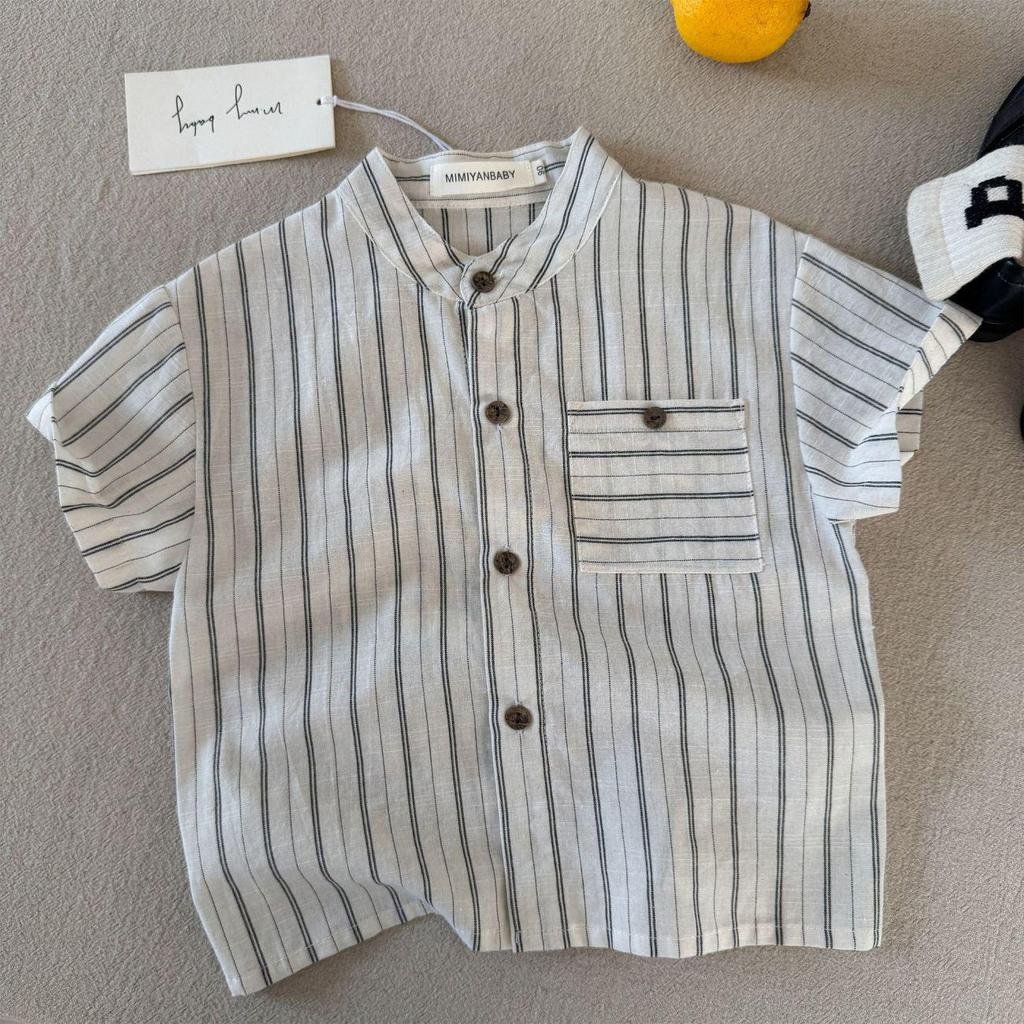 Japanese Trend Boys' Striped Summer Shirt: Stylish, Simple, Short-Sleeved Top for Kids