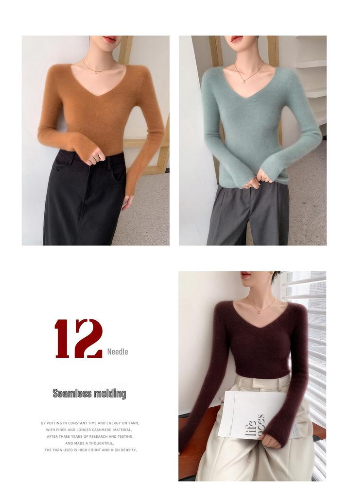 Women's V-Neck Cashmere Pullover - Loose Fit Solid Color Base Layer for Autumn/Winter