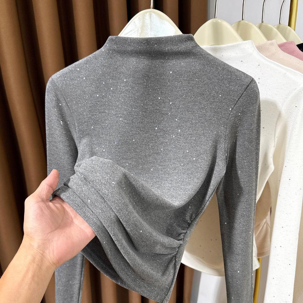 Ribbed Plush Sequined Half-High Collar Long Sleeve Top for Women – Autumn/Winter Stylish Inner Layer