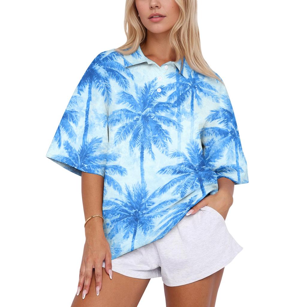 Women’s Fashion Casual Polo Collar Loose Fit Top Short Sleeve Floral Print Blouse Relaxed Lapel Shirt for Daily Wear